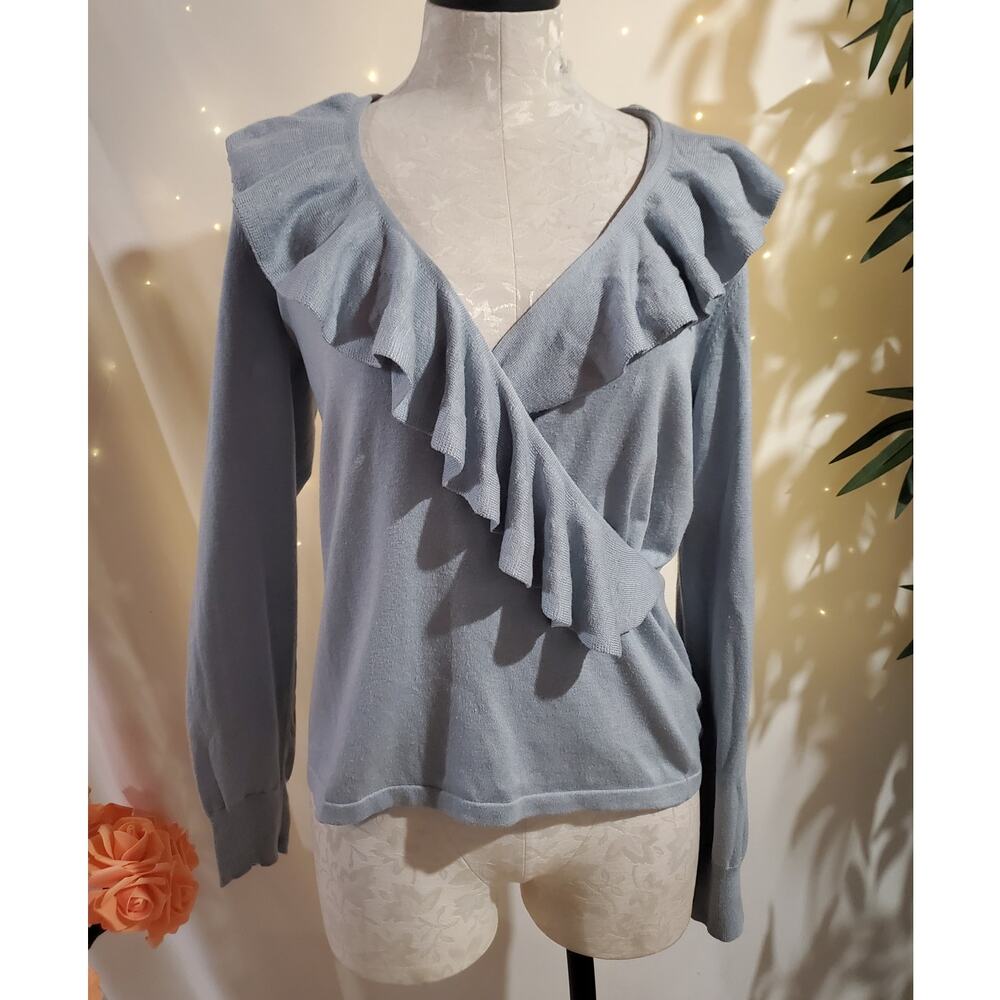 Lauren Ralph Lauren Silk Blend Ruffle Faux Wrap Crossover Top Womens Size M Blue